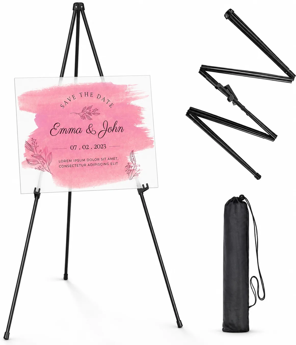 Thicken Display Easel Stand for Wedding - 63" Instant Tripod Collapsible Portable Sturdy Floor Easel - Easy Folding Adjustable Poster Metal Stand for Signs, Display Show, Artist, Art, Painting - Black