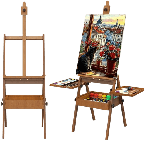 Professional Vintage Wood H-Frame Easel, with 2 Palette and Storage Box