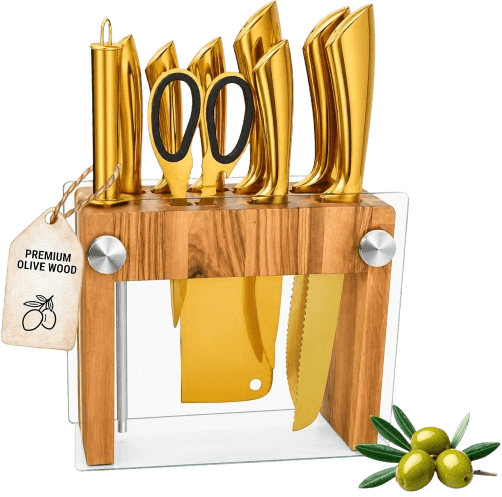 Gold Knife Set with Block and Steak Knives-Olive Wood Knife Holder with Tempered Glass Sides
