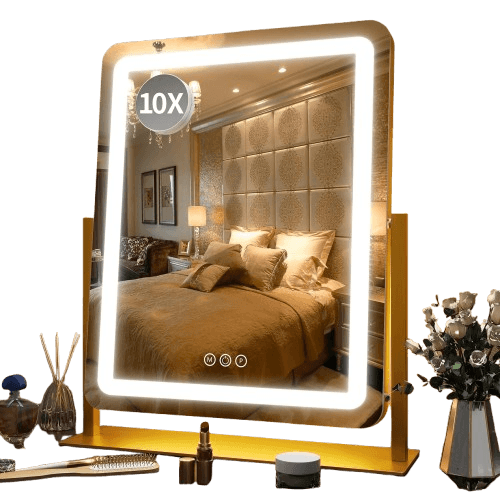 FENNIO Vanity Mirror with Lights 22 Inch- LED Lighted Makeup Mirror,Large Makeup Mirror with Lights,Touch Screen with 3-Color Lighting,Led Mirror Makeup,Dimmable(Gold)