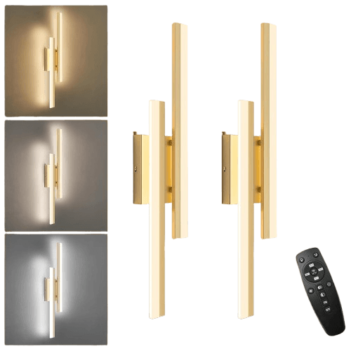LED Wall Sconce Set of 2 Gold Remote Modern LED Vanity Lights Set of 2 Indoor Wall Light Fixtures for Living Room, Dimmable Wall Sconce for Bedside Bedroom Bathroom, L23.6inch 2 Pack