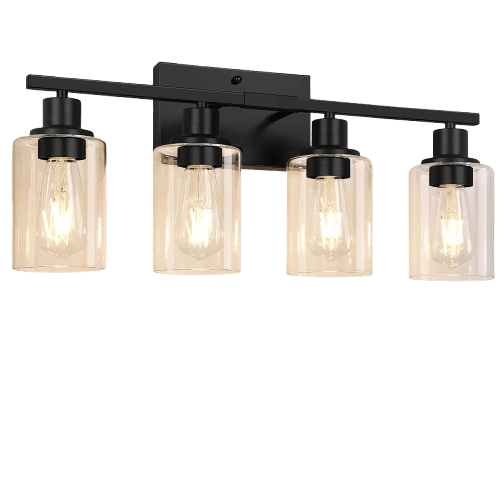 Indoi 4-Light Bathroom Light Fixtures, Matte Black Modern Vanity Lights with Clear Glass Shades, Bathroom Wall Lamp for Mirror Living Room Cabinet Bedroom Porch