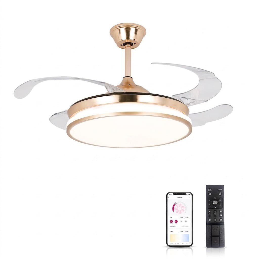 STERREN Retractable Gold Ceiling Fan with Lights, 42 inch Modern Low Profile Bladeless LED Ceiling Fan for Bedroom Living Room