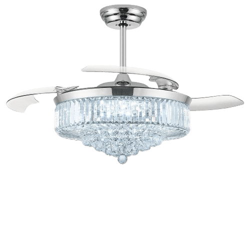 52 Inch Fandelier Ceiling Fan with Light, Retractable Chandelier Fan LED Dimmable Crystal Ceiling Fan for Bedroom Living Room Dining Room-Chrome