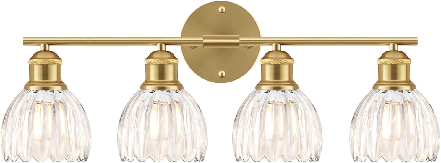 Bathroom Light Fixtures, 4-Light Brushed Gold Vanity Lights for Bathroom with Clear Tulip Glass Shade, 26" Vintage Bathroom Vanity Lighting Fixtures Over Mirror for Bedroom Living Room Hallway